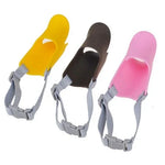 Cute duck silicone dog muzzle in yellow, brown, and pink colors with adjustable straps.