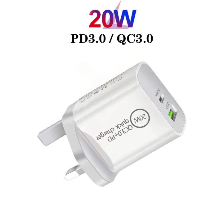 SDC-20WA+C 20W PD 3.0 + QC 3.0 USB Dual Fast Charging Universal Travel Charger with USB to Type-C / USB-C Fast Charging Data Cable, UK Plug, USB to Type-C / USB-C (UK Plug)