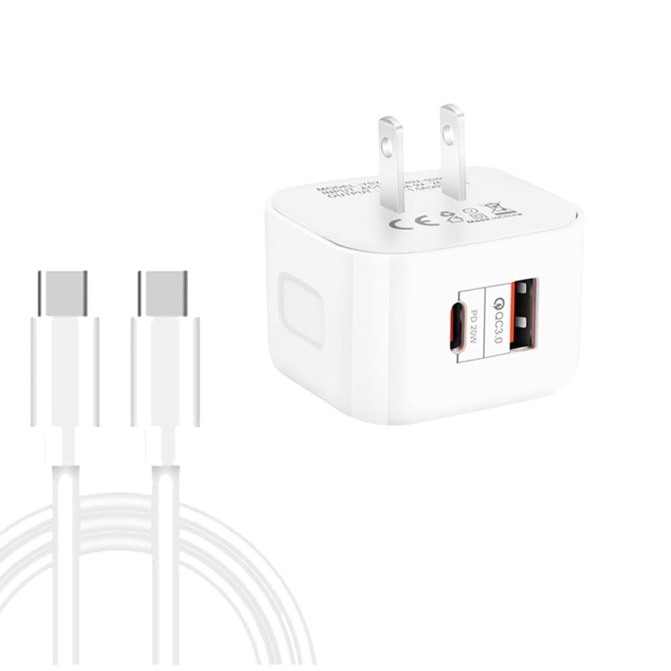 YSY-6087PD 20W PD3.0 + QC3.0 Dual Fast Charge Travel Charger with Type-C to Type-C Data Cable, EU Plug, US Plug, UK Plug