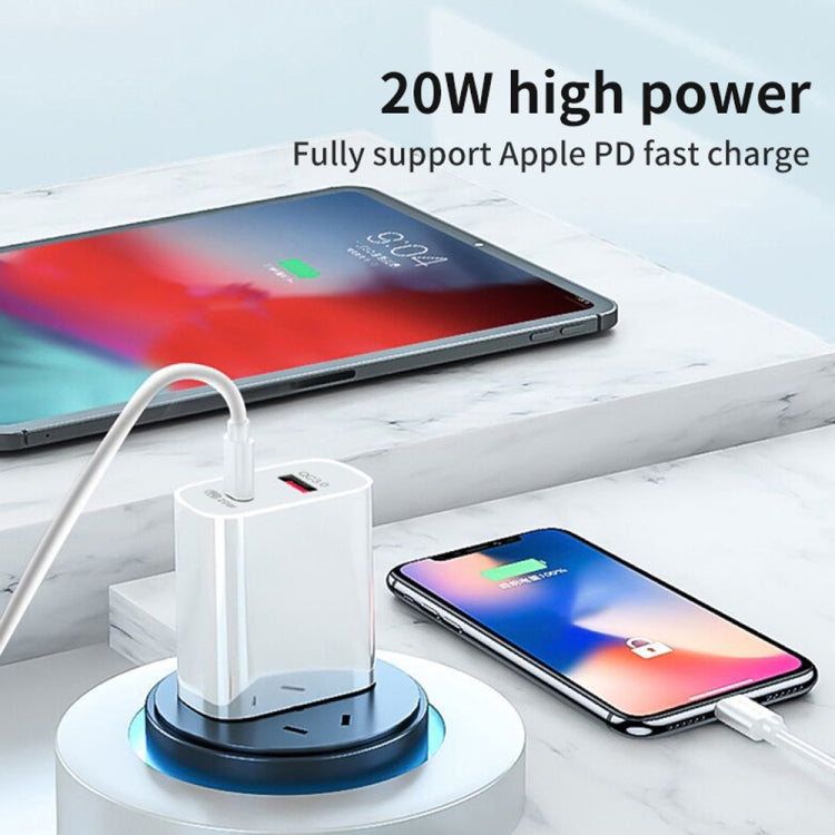 20W PD Type-C + QC 3.0 USB Interface Fast Charging Travel Charger with USB-C / Type-C to 8 Pin Fast Charge Data Cable, EU Plug, US Plug, AU Plug