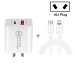 20W PD Type-C + QC 3.0 USB Interface Fast Charging Travel Charger with USB-C / Type-C to 8 Pin Fast Charge Data Cable, EU Plug, US Plug, AU Plug