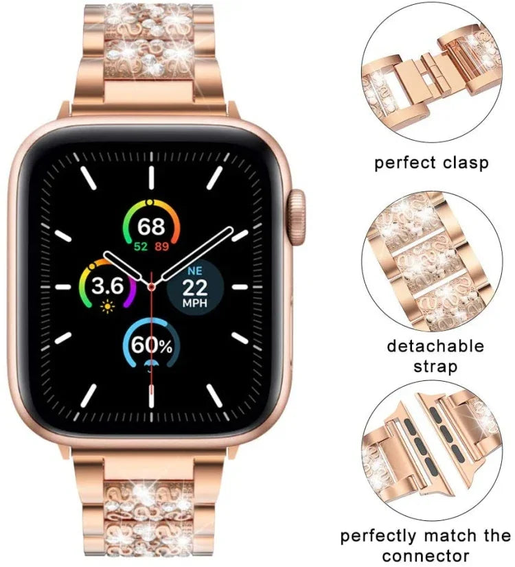 Three Stainless Steel Straps with Rhinestones, For Series 7 41mm / 6 & SE & 5 & 4 40mm / 3 & 2 & 1 38mm, For Series 7 45mm / 6 & SE & 5 & 4 44mm / 3 & 2 & 1 42mm