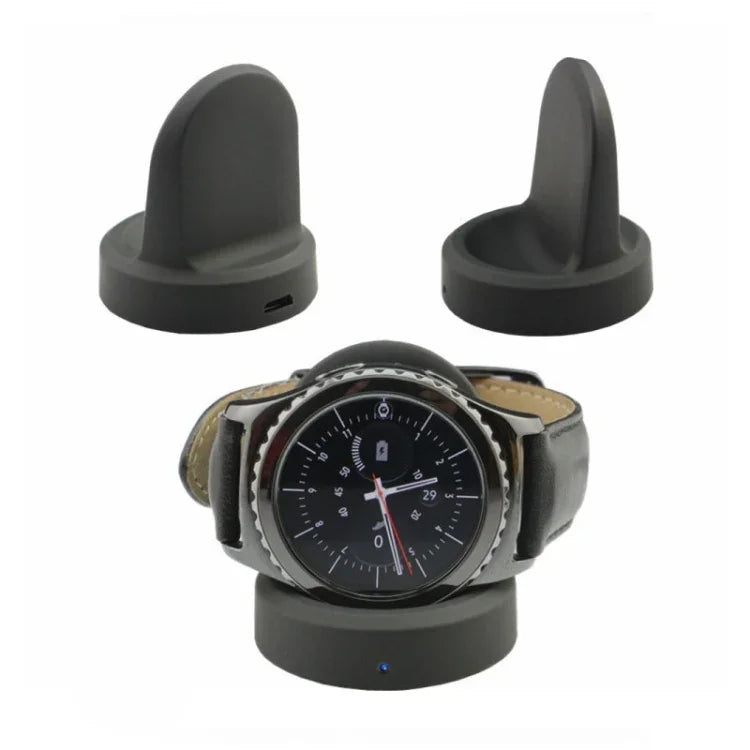 Samsung Gear Sport Charger Upgrade with black charging dock and adapter stands for Gear S3 and Gear Sport smartwatch.