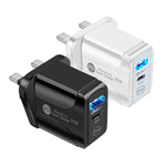 PD25W USB-C / Type-C + QC3.0 USB Dual Ports Fast Charger with USB to Micro USB Data Cable, UK Plug, UK Plug + USB to Micro USB Cable