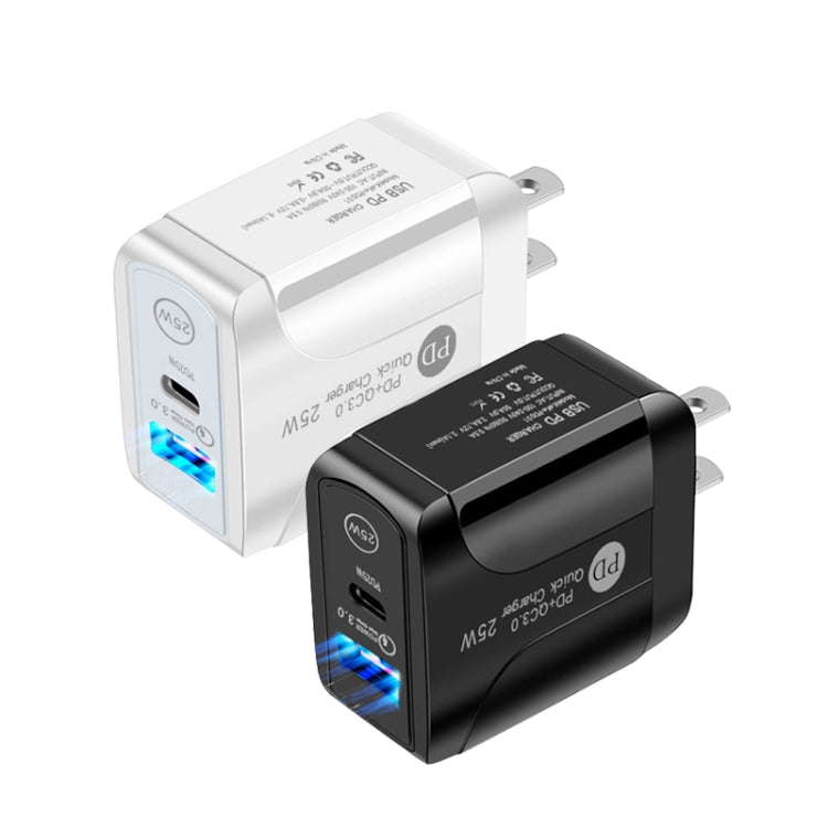PD25W USB-C / Type-C + QC3.0 USB Dual Ports Fast Charger with USB to 8 Pin Data Cable, US Plug, US Plug + USB to 8 Pin Cable