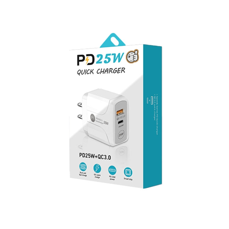 PD25W USB-C / Type-C + QC3.0 USB Dual Ports Fast Charger with USB-C to USB-C Data Cable, US Plug, US Plug + USB-C to USB-C Cable