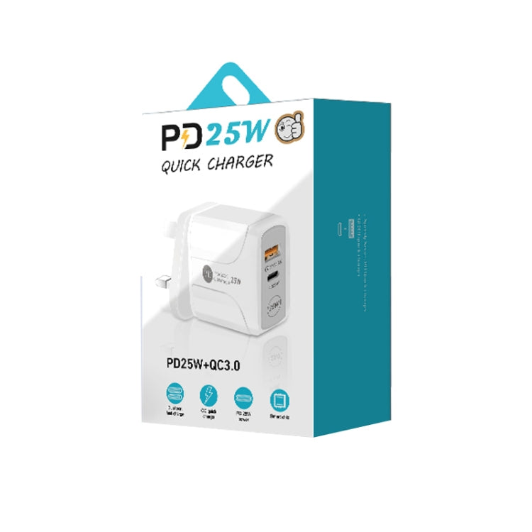 PD25W USB-C / Type-C + QC3.0 USB Dual Ports Fast Charger with USB-C to USB-C Data Cable, UK Plug, UK Plug + USB-C to USB-C Cable