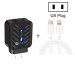 PD03 20W PD3.0 + QC3.0 USB Charger with Type-C to 8 Pin Data Cable, US Plug, US Plug + Type-C to 8 Pin Cable