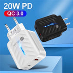 PD03 20W PD3.0 + QC3.0 USB Charger with Type-C to Type-C Data Cable, EU Plug, EU Plug + Type-C to Type-C Cable