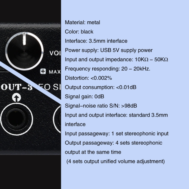 1 In 4 Out Audio Frequency Signal Splitter Distribute Device, Non Consumption, 3.5mm Interface Output, 1 In 4 Out 3.5mm Interface
