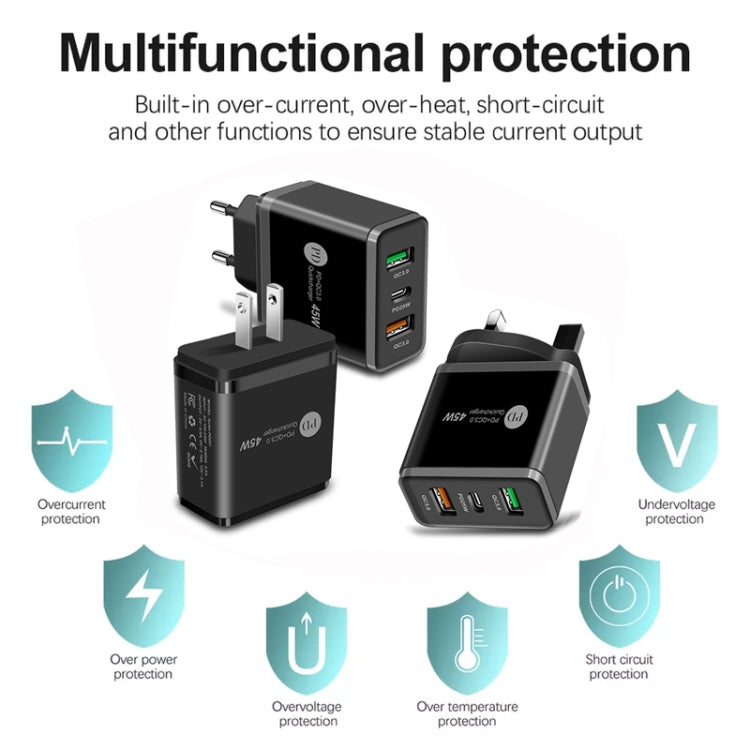 45W PD3.0 + 2 x QC3.0 USB Multi Port Charger with Type-C to 8 Pin Cable, UK Plug, UK Plug + Type-C to 8 Pin Cable
