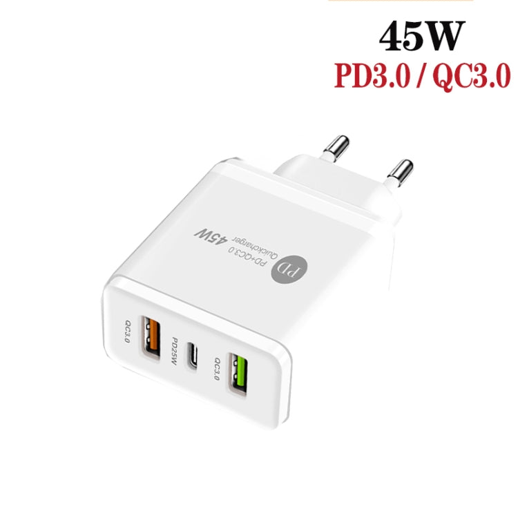 45W PD25W + 2 x QC3.0 USB Multi Port Charger with USB to 8 Pin Cable, EU Plug, EU Plug + USB to 8 Pin Cable