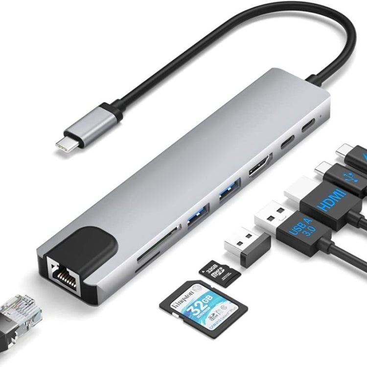 DS-20808 8 in 1 USB-C / Type-C Hub Multiport Adapter with 4K HDMI,USB 3.0 SD/TF Card Reader, USB C Dongle for MacBook Pro/Air and Other Type C Devices, 8 in 1