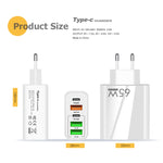 65W Dual PD Type-C + 3 x USB Multi Port Charger with 3A Type-C to Type-C Data Cable, US Plug, US Plug + Type-C to Type-C Cable