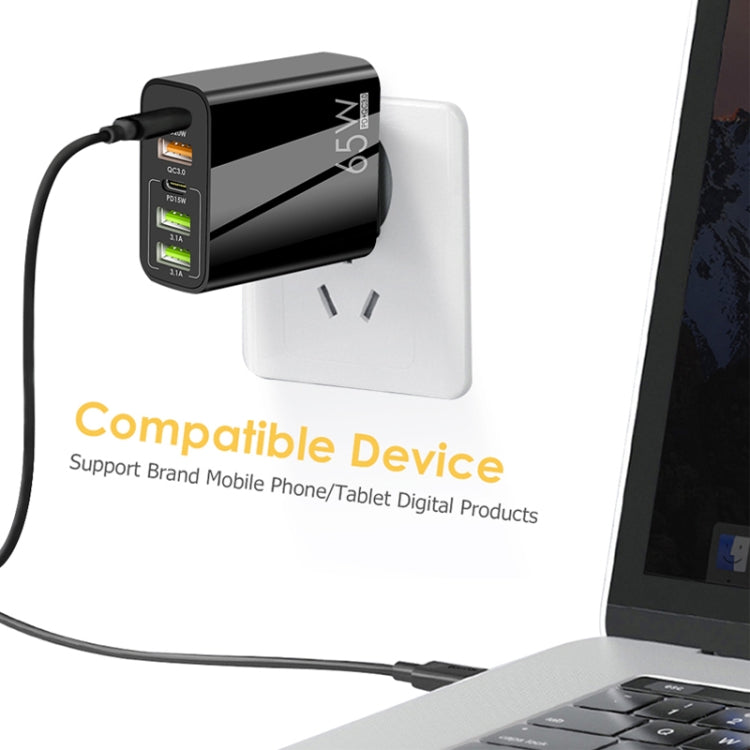 65W Dual PD Type-C + 3 x USB Multi Port Charger with 3A USB to Type-C Data Cable, EU Plug, EU Plug + USB to Type-C Cable