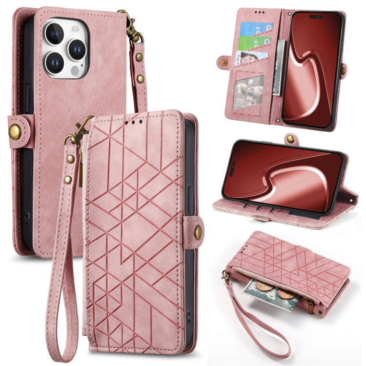 Geometric Zipper Wallet Side Buckle Leather Phone Case, For iPhone 17e / 16e, For iPhone 17 Pro Max, For iPhone 17 Pro, For iPhone 17, For iPhone Air, For iPhone 16 Pro Max, For iPhone 16 Pro, For iPhone 16 Plus