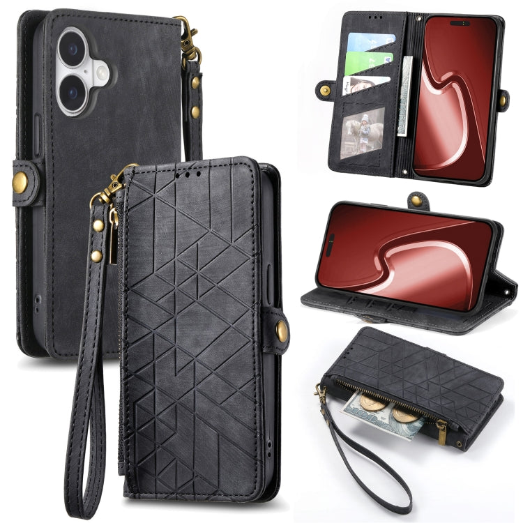Geometric Zipper Wallet Side Buckle Leather Phone Case, For iPhone 17e / 16e, For iPhone 17 Pro Max, For iPhone 17 Pro, For iPhone 17, For iPhone Air, For iPhone 16 Pro Max, For iPhone 16 Pro, For iPhone 16 Plus