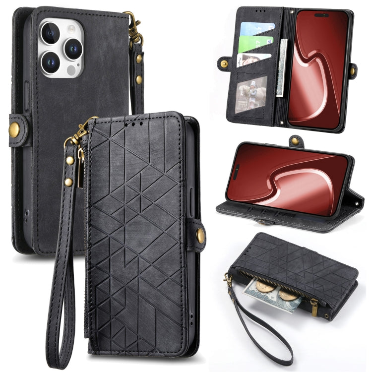 Geometric Zipper Wallet Side Buckle Leather Phone Case, For iPhone 17e / 16e, For iPhone 17 Pro Max, For iPhone 17 Pro, For iPhone 17, For iPhone Air, For iPhone 16 Pro Max, For iPhone 16 Pro, For iPhone 16 Plus