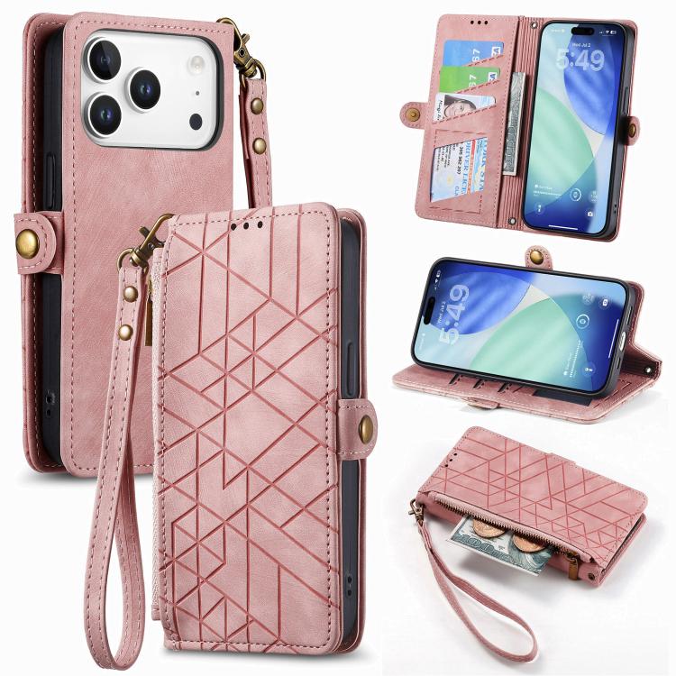 Geometric Zipper Wallet Side Buckle Leather Phone Case, For iPhone 17e / 16e, For iPhone 17 Pro Max, For iPhone 17 Pro, For iPhone 17, For iPhone Air, For iPhone 16 Pro Max, For iPhone 16 Pro, For iPhone 16 Plus