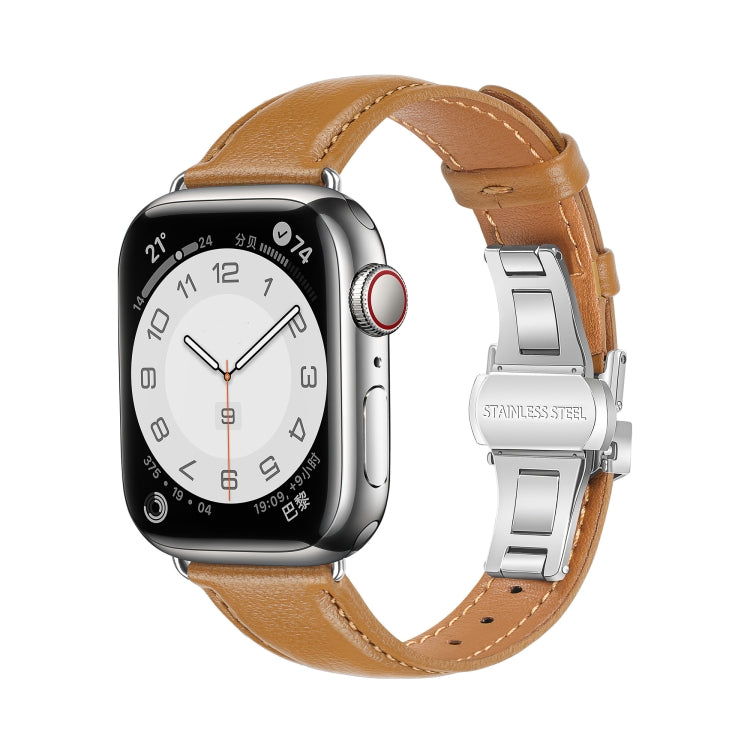 Plain Leather Butterfly Buckle Watch Band, For Apple Watch SE 2023 44mm, For Apple Watch SE 2023 40mm, For Apple Watch Ultra 2 49mm, For Apple Watch Series 9 45mm