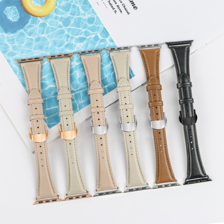 Plain Leather Butterfly Buckle Watch Band, For Apple Watch SE 2023 44mm, For Apple Watch SE 2023 40mm, For Apple Watch Ultra 2 49mm, For Apple Watch Series 9 45mm