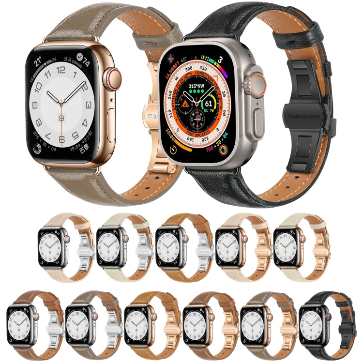 Plain Leather Butterfly Buckle Watch Band, For Apple Watch Series 9 41mm, For Apple Watch Ultra 49mm, For Apple Watch Series 8 41mm, For Apple Watch Series 8 45mm