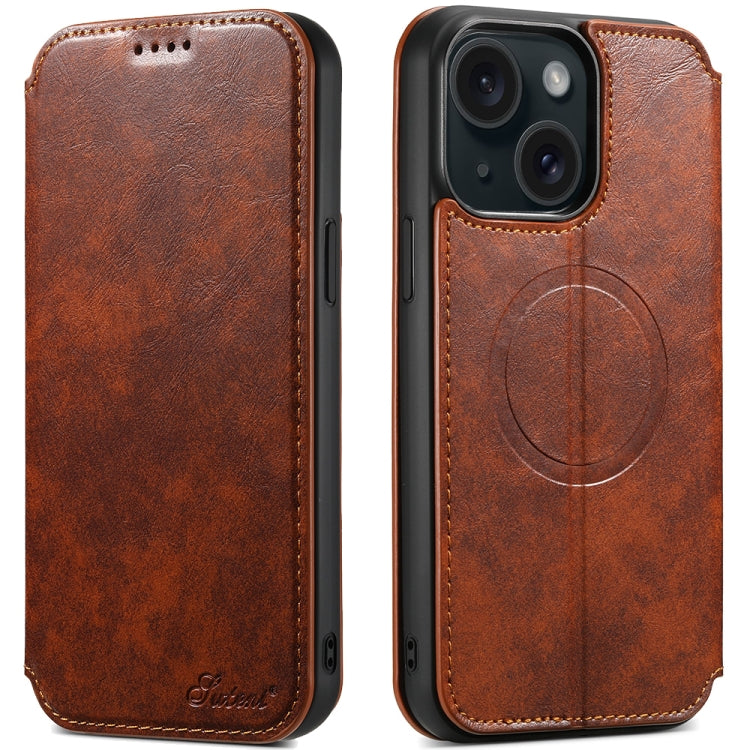 Suteni J05 Leather Magnetic MagSafe Phone Case, For iPhone 15 Plus, For iPhone 15