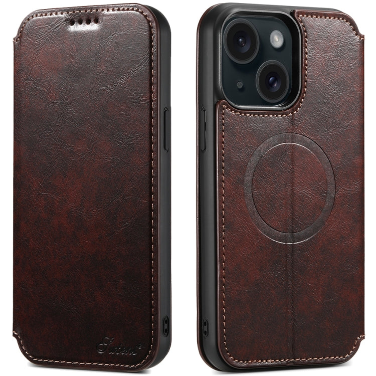 Suteni J05 Leather Magnetic MagSafe Phone Case, For iPhone 15 Plus, For iPhone 15