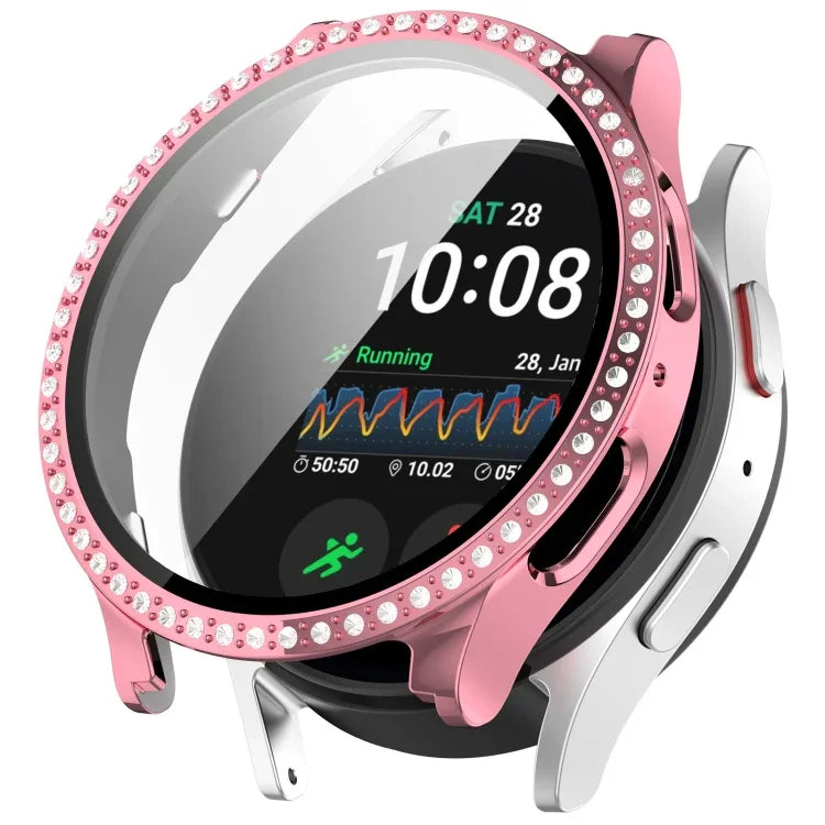 Single Row Diamond PC + Tempered Film Integrated Watch Protective Case, For Samsung Galaxy Watch 7 44mm, For Samsung Galaxy Watch 7 40mm