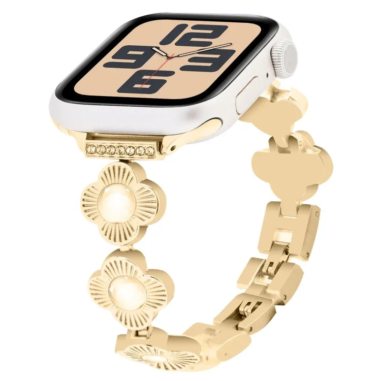 Four Leaf Clover Quick-Release Metal Chain Watch Band, For Apple Watch SE 2023 44mm, For Apple Watch SE 2023 40mm, For Apple Watch Ultra 2 49mm, For Apple Watch Series 9 45mm, For Apple Watch Series 9 41mm, For Apple Watch Ultra 49mm                   ...