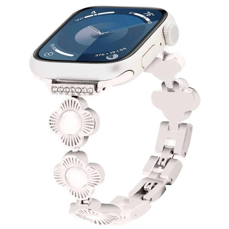 Four Leaf Clover Quick-Release Metal Chain Watch Band, For Apple Watch SE 2023 44mm, For Apple Watch SE 2023 40mm, For Apple Watch Ultra 2 49mm, For Apple Watch Series 9 45mm, For Apple Watch Series 9 41mm, For Apple Watch Ultra 49mm                   ...
