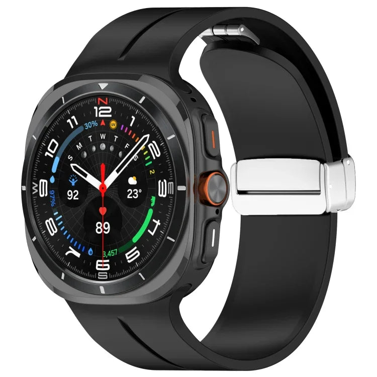For Samsung Galaxy Watch Ultra 47mm / Ultra 2025 Groove Magnetic Folding Silver Buckle Silicone Watch Band