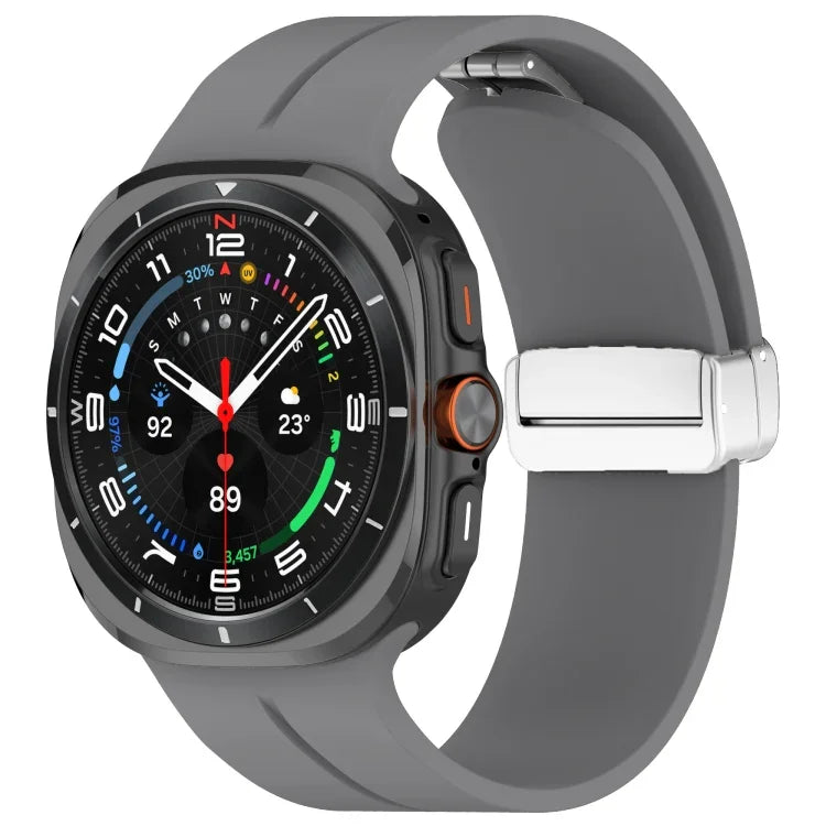 For Samsung Galaxy Watch Ultra 47mm / Ultra 2025 Groove Magnetic Folding Silver Buckle Silicone Watch Band