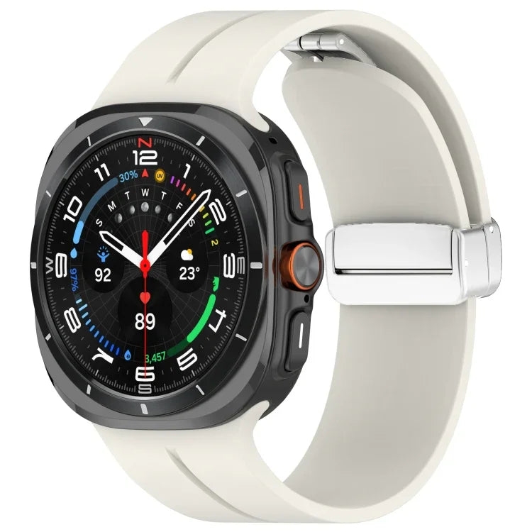 For Samsung Galaxy Watch Ultra 47mm / Ultra 2025 Groove Magnetic Folding Silver Buckle Silicone Watch Band