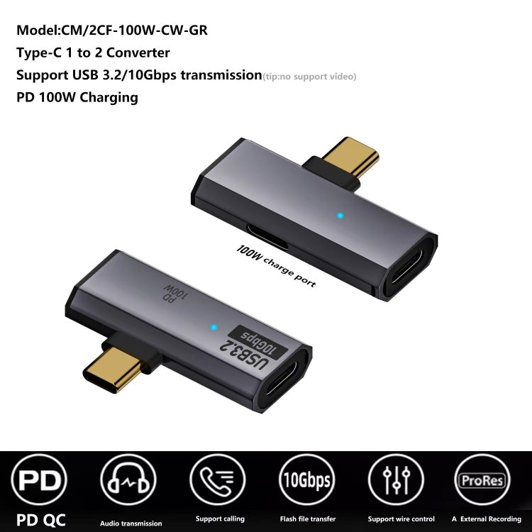USB-C / Type-C Male to Dual Type-C Female USB3.2/10Gbps OTG Converter PD100W Charging Adapter, Dual Type-C