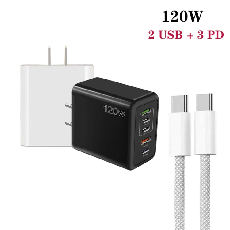 120W PD3.0 3 Type-C 2 USB Multi Port Quick Charger with Type-C to Type-C Cable, US Plug, US Plug + C to C Cable
