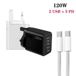120W PD3.0 3 Type-C 2 USB Multi Port Quick Charger with Type-C to Type-C Cable, UK Plug, UK Plug + C to C Cable