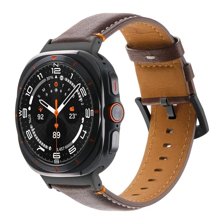 For Samsung Galaxy Watch Ultra 47mm Stitched Black Buckle Genuine Leather Watch Band