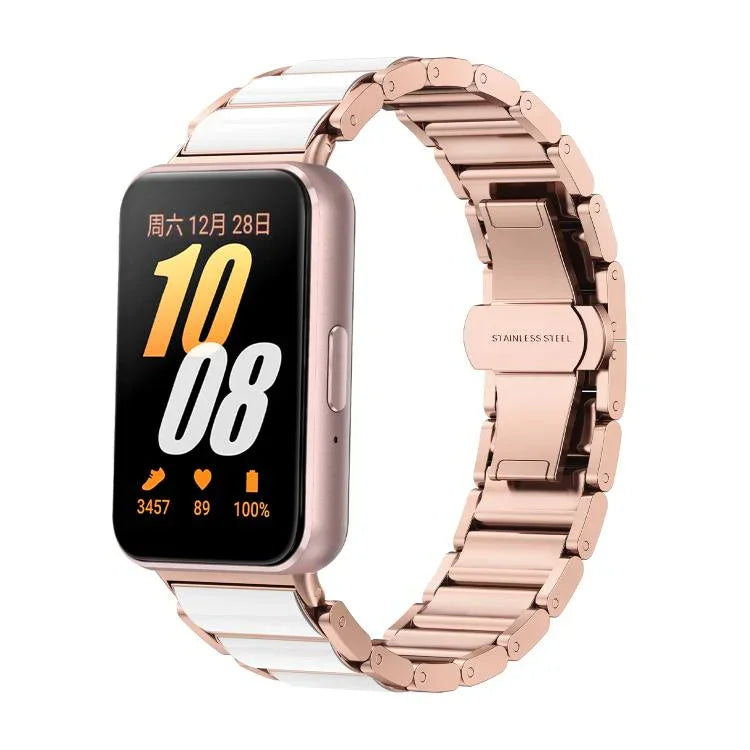Butterfly Buckle Ceramic White Metal Watch Band, For Samsung Galaxy Fit 3