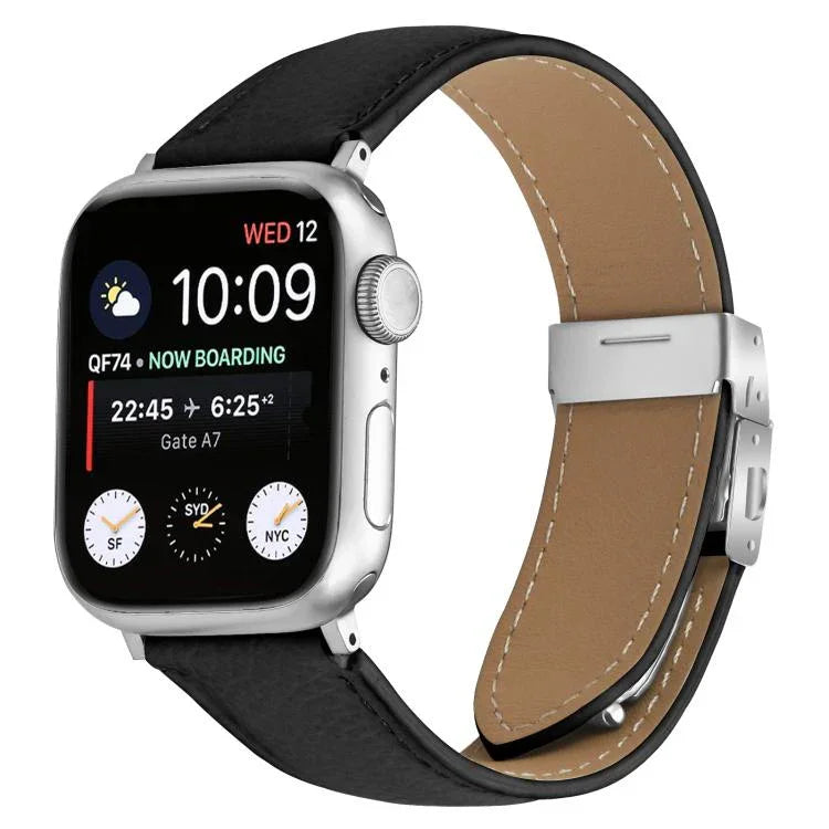 Lychee Texture Silver Turtle Back Buckle Leather Watch Band, For Apple Watch 46mm / 49mm / 45mm / 44mm, For Apple Watch 42mm / 41mm / 40mm / 38mm