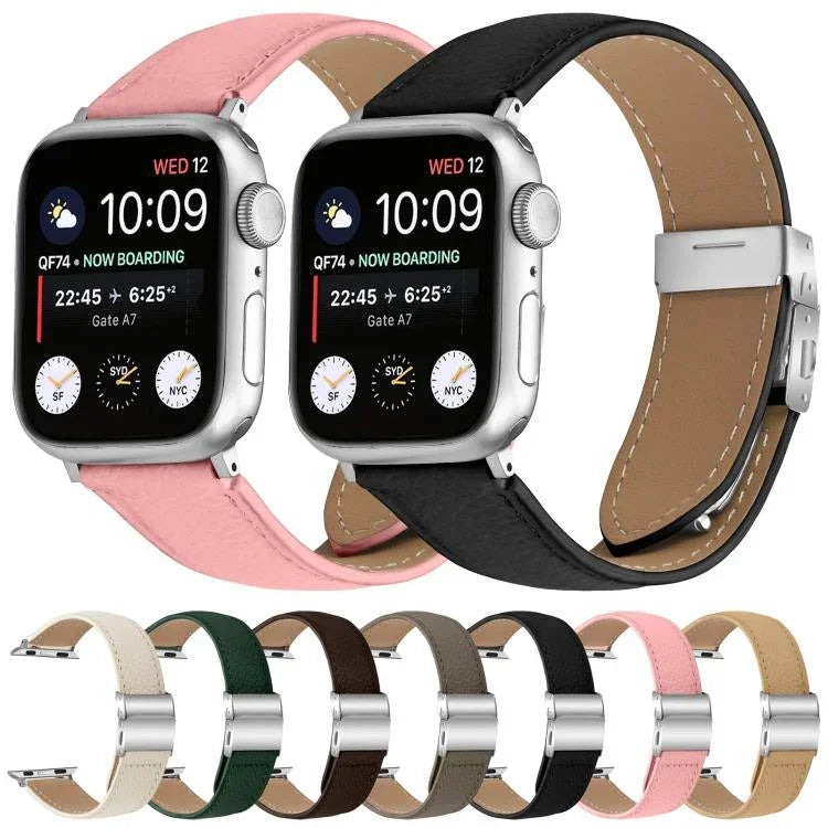Lychee Texture Silver Turtle Back Buckle Leather Watch Band, For Apple Watch 46mm / 49mm / 45mm / 44mm, For Apple Watch 42mm / 41mm / 40mm / 38mm