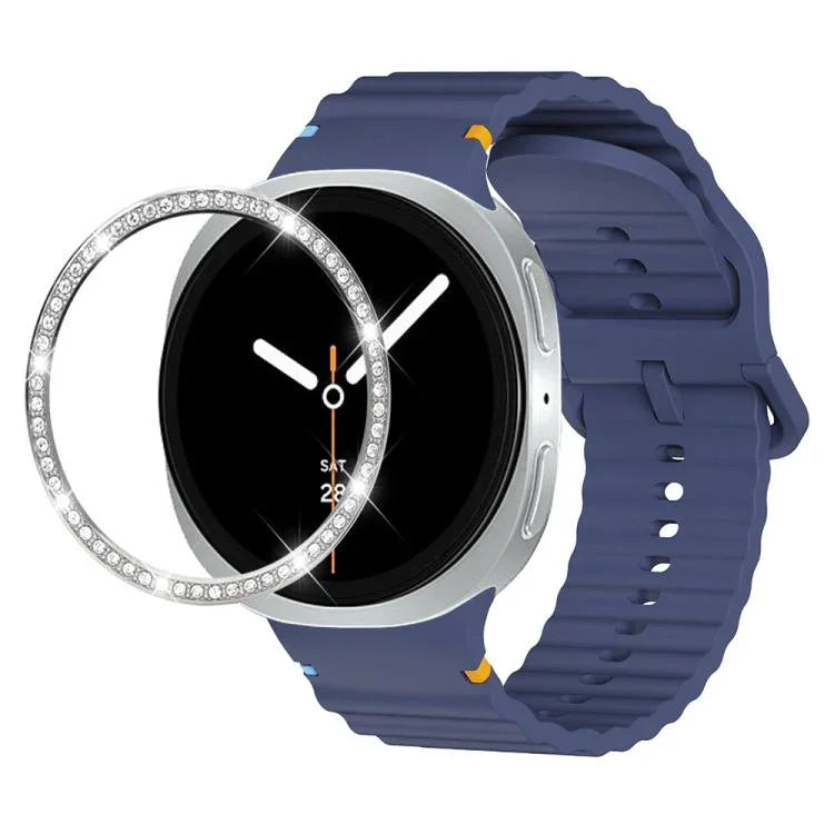 Diamond Bezel and Wavy Grain Stitched Color Buckle Silicone Watch Band, For Samsung Galaxy Watch8 44mm, For Samsung Galaxy Watch8 40mm