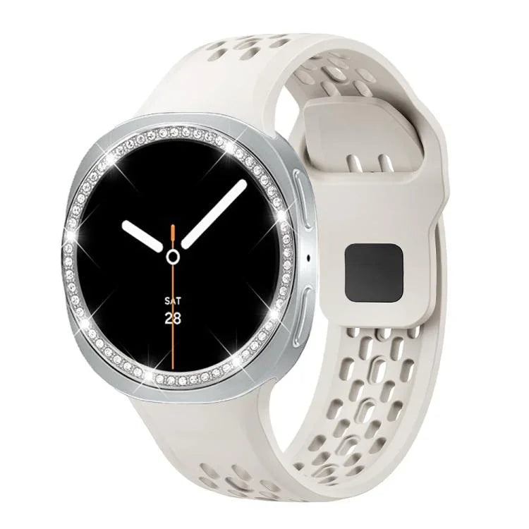 Diamond Bezel and Black Reverse Buckle Silicone Watch Band, For Samsung Galaxy Watch8 44mm, For Samsung Galaxy Watch8 40mm