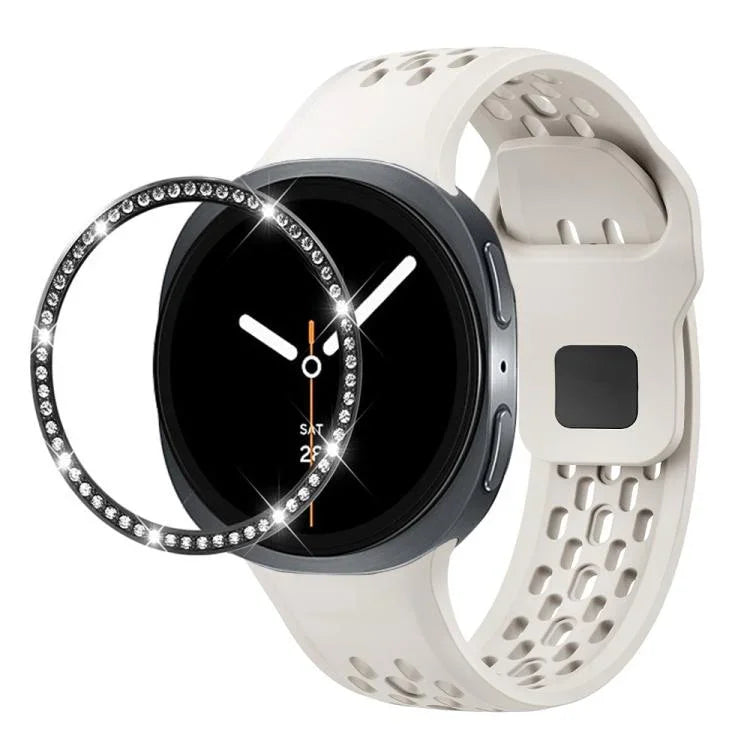 Diamond Bezel and Black Reverse Buckle Silicone Watch Band, For Samsung Galaxy Watch8 44mm, For Samsung Galaxy Watch8 40mm