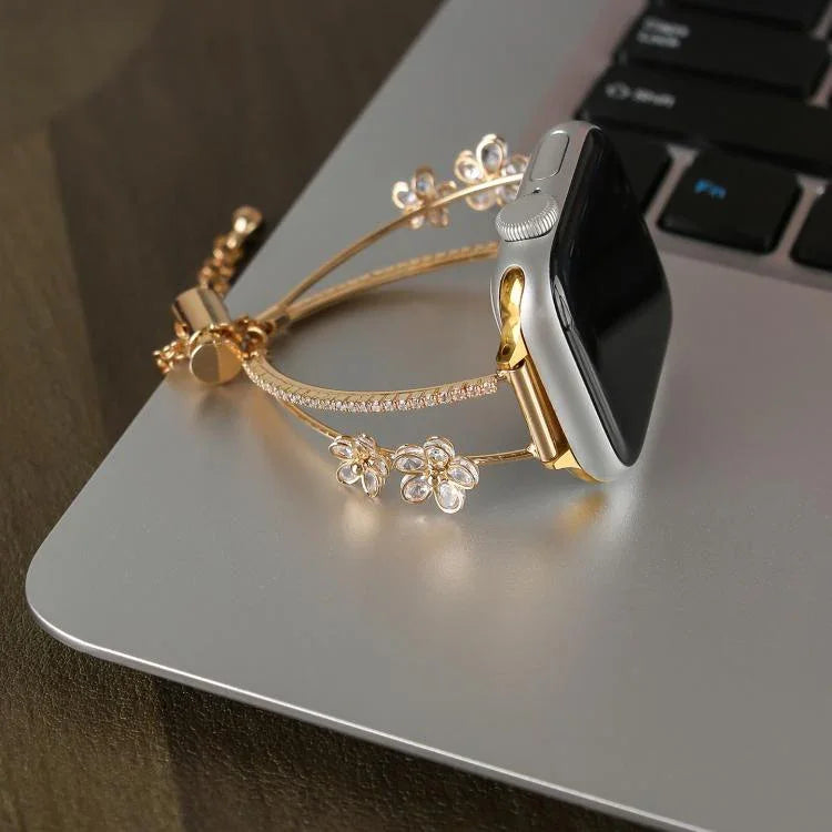 Copper-Inlaid Zircon 5-petal Flower Bracelet Watch Band, For Apple Watch 46mm / 49mm / 45mm / 44mm, For Apple Watch 42mm / 41mm / 40mm / 38mm