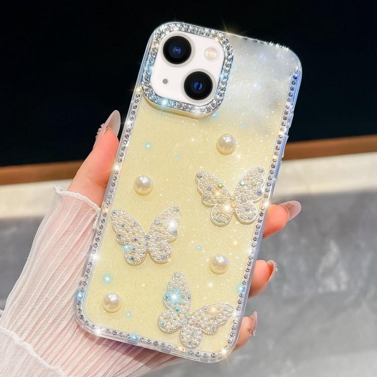 Diamond Glitter Pearl Butterfly Four-Corner Shockproof Phone Case, For iPhone 13