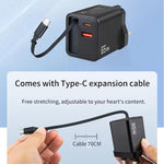FC1 3-in-1 70cm Retractable Type-C Cable, PD3.0, QC3.0 USB Phone Charger, EU Plug, EU Plug