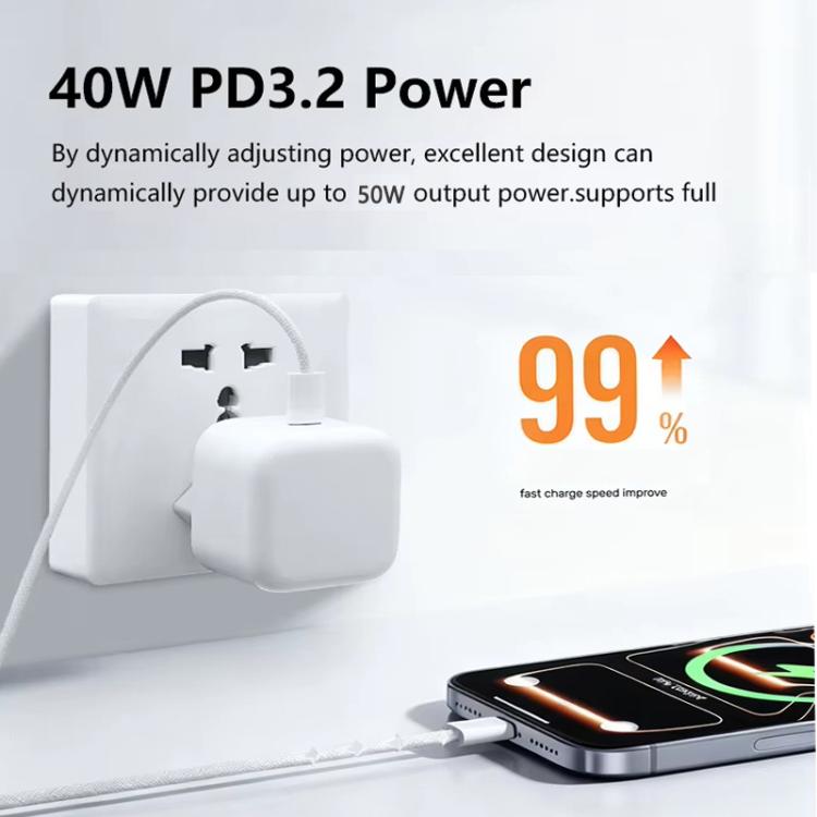 A3365 PD40W USB-C / Type-C Charger with Type-C to Type-C Data Cable, UK Plug, UK Plug + 2m Type-C Cable