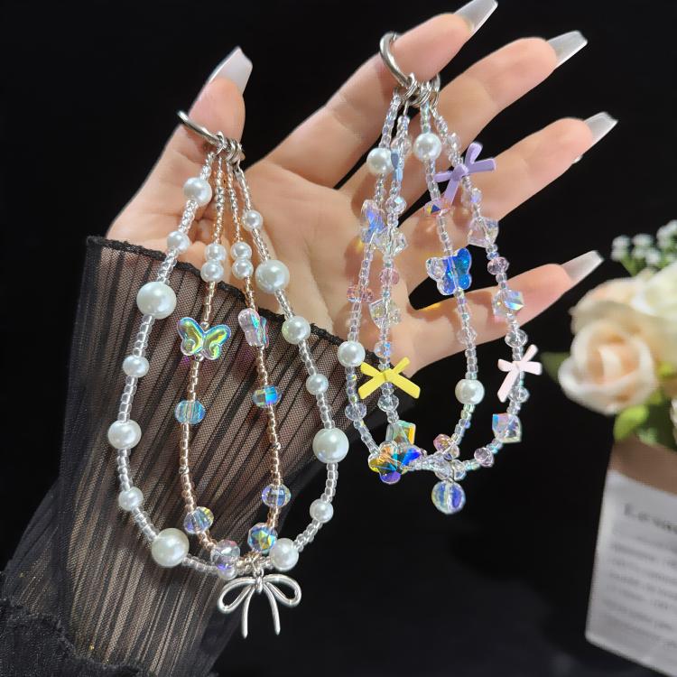 Butterfly Dream Pearl Whisper Iridescent Double-Layer Phone Chain, Crystal Style, Pearl Style