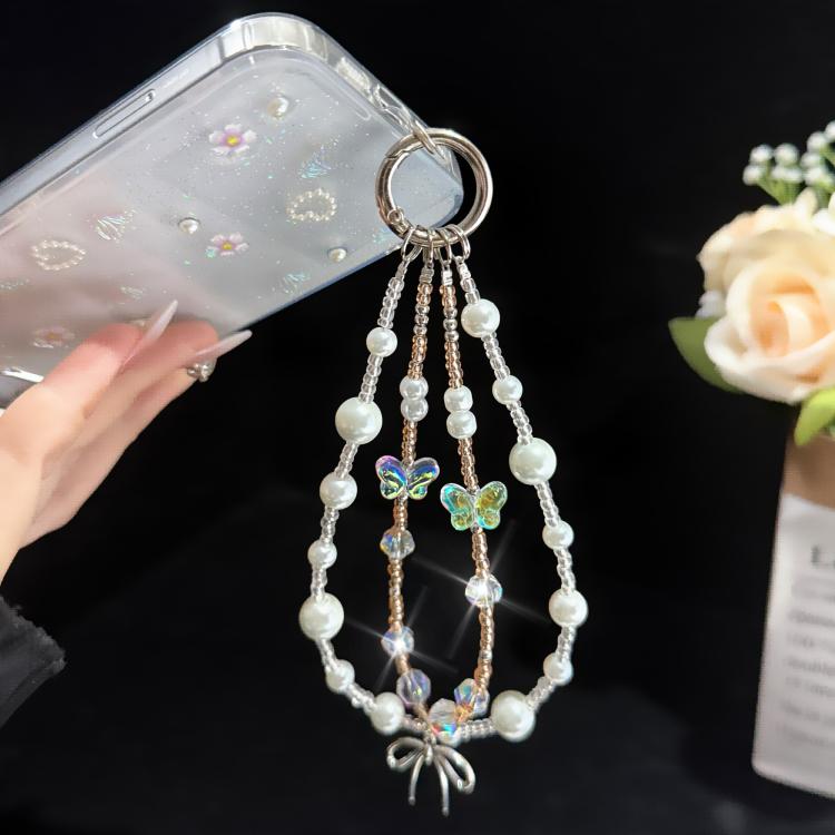 Butterfly Dream Pearl Whisper Iridescent Double-Layer Phone Chain, Crystal Style, Pearl Style